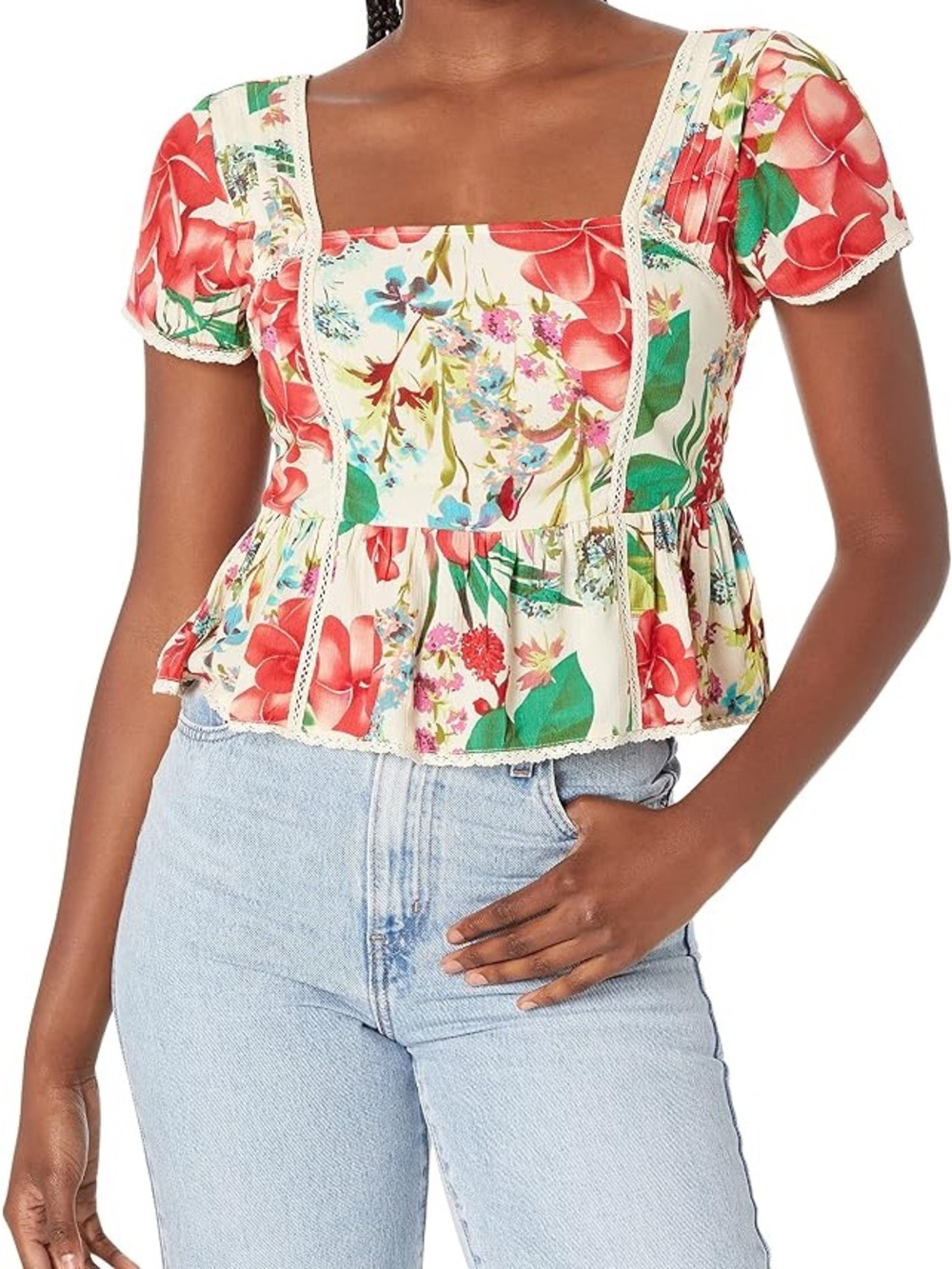 Buffalo David Bitton Floral Peplum Crop Top in Cream, Red, Green